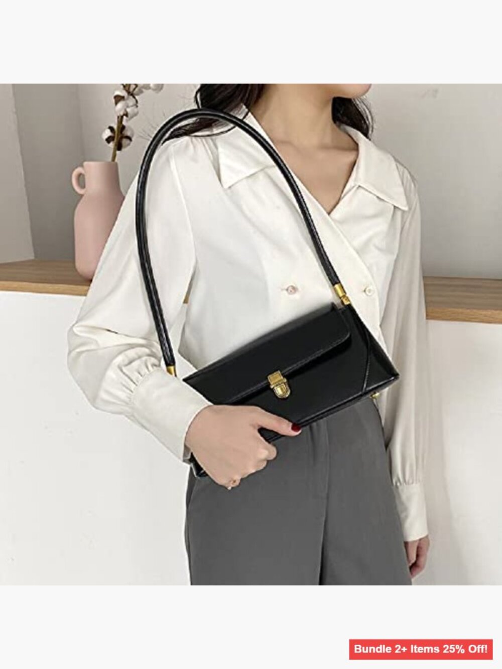 Small Leather Hobo Shoulder Bag with Buckle Closure Mini Tote Purse - Picture 2 of 7